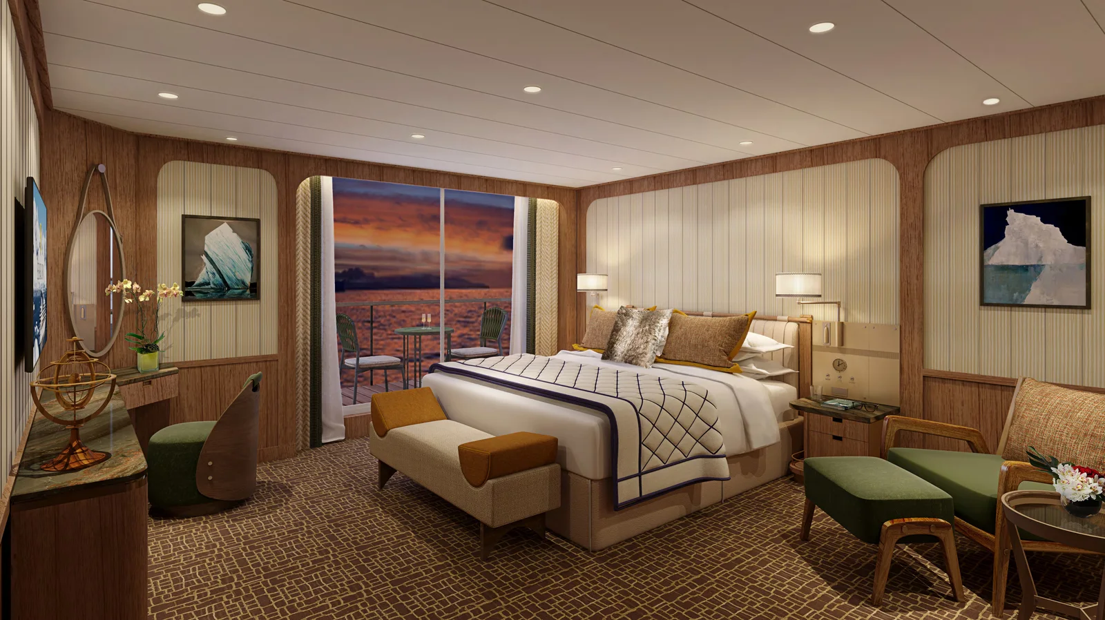 Signature Suite bedroom aboard a Seabourn expedition ship with panoramic floor-to-ceiling windows